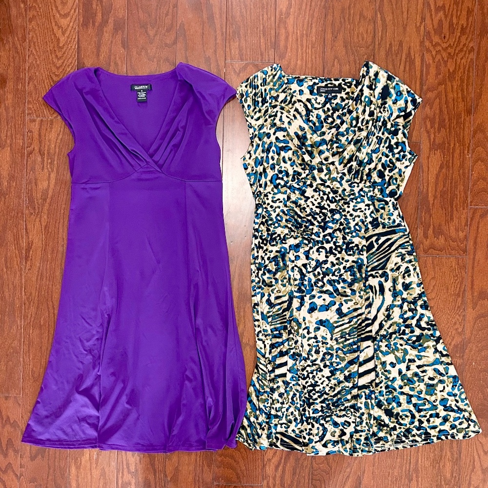 2 Dresses Glamour Purple Jones NY Pattern black tan teal v-neck faux wrap office